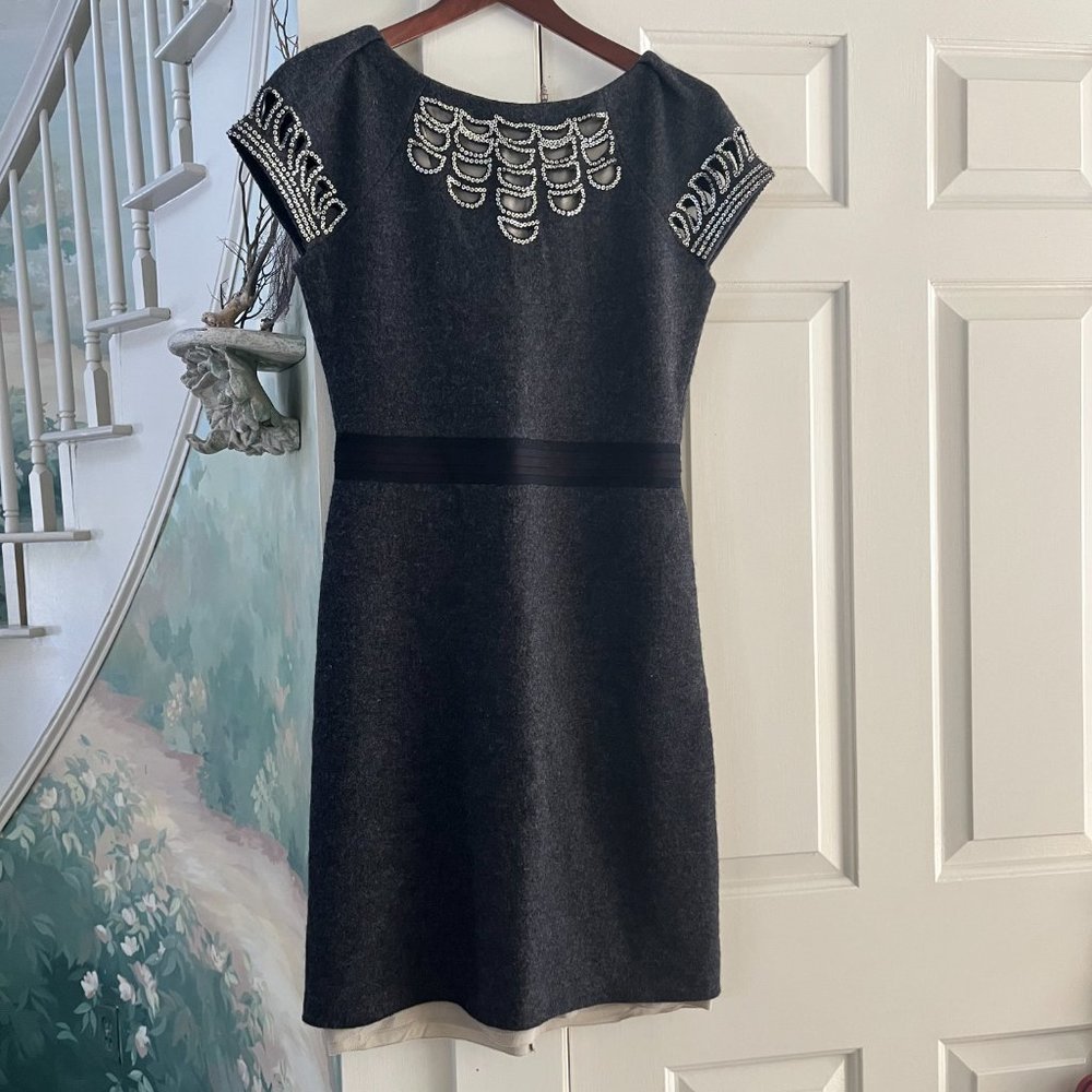 NWT Tory Burch charcoal gray sequined wool dress with nude sheer slip lining.